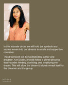 Promotional flyer for 'Dream Circle' workshop at hikma rituals apothecary, Alserkal avenue, Lane 4, 23B, Dubai.